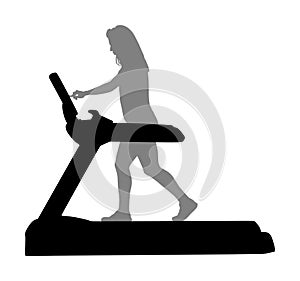 Sport woman running on treadmill in gym  silhouette. Girl on running track cardio training. Fitness lady personal trainer