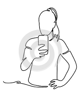 Sport woman taking self picture with smartphone camera. Continuous line drawing. Isolated white background. Vector