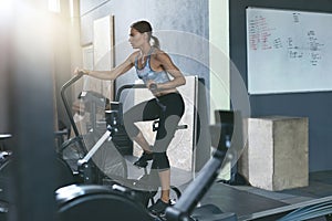 Sport Workout At Gym. Woman Training On Crossfit Bicycle