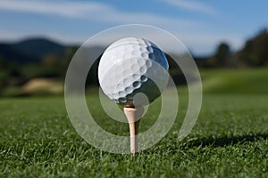 Sporting elegance white golf ball poised on wooden tee