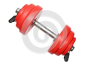 A sporting equipment - single red dumbbells.