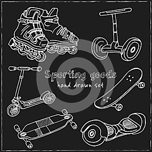 Sporting goods Hand drawn doodle set. Sketches. Vector illustration for design and packages product.