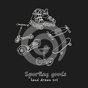 Sporting goods Hand drawn doodle set. Sketches. Vector illustration for design and packages product.