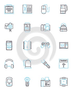 Sporting goods linear icons set. Equipment, Gear, Apparel, Shoes, Accessories, Cycling, Fitness line vector and concept