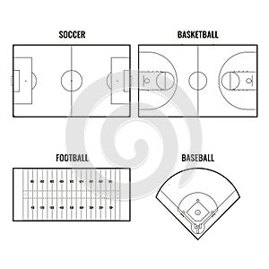 Sporting grounds. Schemes, templates of various sports fields, grounds. Football, soccer, basketball and baseball.