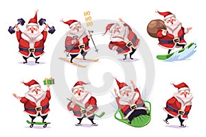 Sporting santa. Cute modern santa character, happy fitness christmas, healthy winter holiday, in gym with dumbbells, skiing and