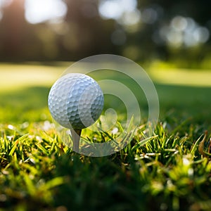 Sporting serenity Golf ball on tee, green grass closeup