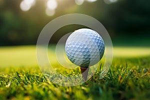 Sporting serenity Golf ball on tee, green grass closeup