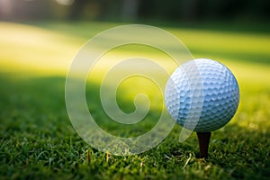 Sporting serenity Golf ball on tee, green grass closeup