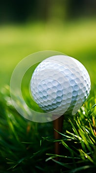 Sporting serenity Golf ball on tee, green grass closeup