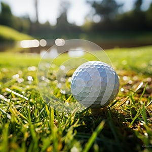 Sporting serenity Golf ball on tee, green grass closeup