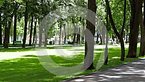 Sporting a slender girl in headphones runs through the Park