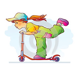 Sportive girl riding scooter