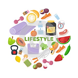 Sportive and healthy lifestyle with fitness, vegeterian diet and with weight scales, sport wear and food vector