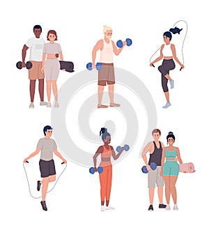 Sportive lifestyle semi flat color vector characters set