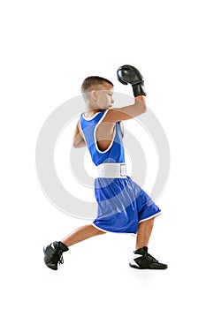 Sportive little boy, kid in boxer gloves and shorts training isolated on white studio background. Concept of sport