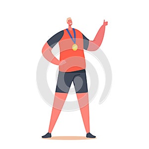 Sportive Male Character, Football Player or Athlete with Medal on Neck Celebrate Victory Showing Thumb Up, Sport Success