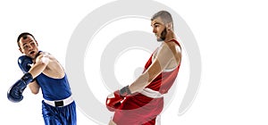 Sportive men, two professional boxer in sports uniform practicing punch  on white background. Concept of sport