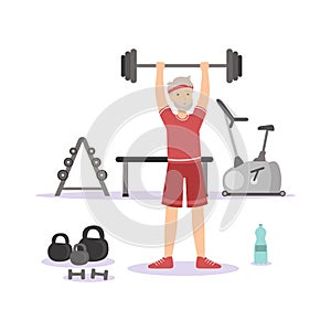 Sportive Senior Man Exercising with Barbell in the Gym, Elderly People Active Lifestyle Vector Illustration