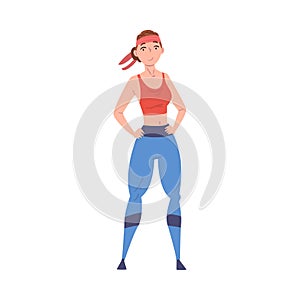 Sportive Slim Young Woman Wearing Sports Outfit, Girl after Weight Loss Cartoon Vector Illustration on White Background
