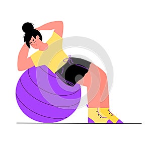 Sportive woman exercising on fit ball flat cartoon vector illustration isolated.