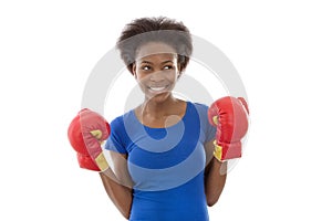 Sportive young afro american black woman with boxing gloves.