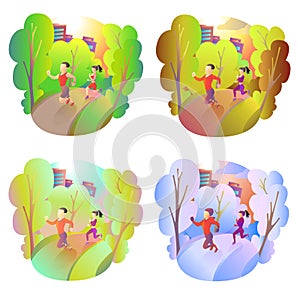 Sports activities in nature during all seasons. Athletes run through the park in any weather. Summer, autumn, winter and