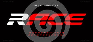 Sports alphabet for racing, sports, super hero headlines and car or gym logo. Bold italic red letters with line for