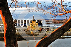 Sports arena Nizhny Novgorod and Alexander Nevsky Cathedral. Color photo.