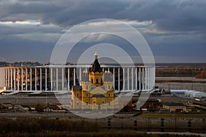 Sports arena Nizhny Novgorod and Alexander Nevsky church. Color photo.