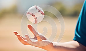 Sports athlete catch baseball with hand on playing game or training practice match for exercise or cardio at stadium