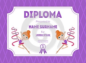 Sports Award Diploma Template, Kids Certificate with Gymnast Girl for Competition or Sports Winner Vector Illustration