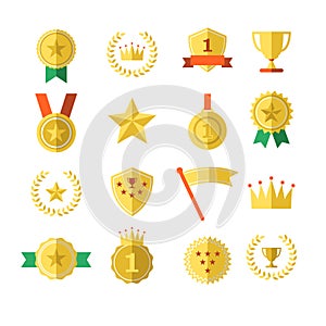 Sports award trophy badge star crown number one success champion winner top medals set amazing vector illustration