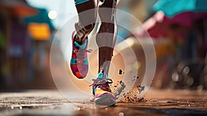 Sports background. Runner feet running closeup on shoe Generative AI