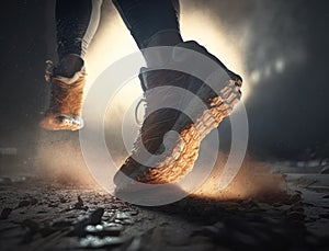 Sports background. Runner feet running on road closeup on shoe.