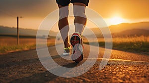 Sports background. Runner feet running on road closeup on shoe. Close up of women\'s legs running on asphalt road