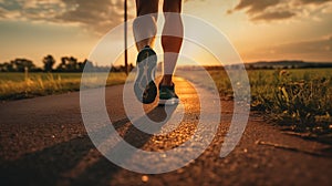 Sports background. Runner feet running on road closeup on shoe. Close up of women\'s legs running on asphalt road