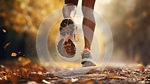 Sports background. Runner feet running on road closeup on shoe. Close up of women\'s legs running on asphalt road