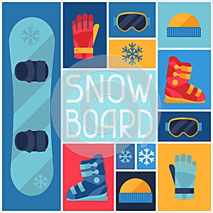 Sports background with snowboard equipment flat