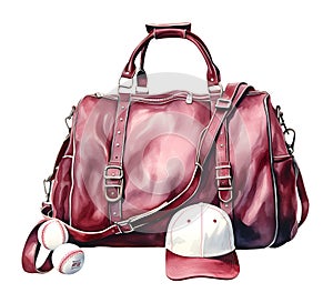Sports bag with baseball equipment, watercolor clipart illustration with isolated background