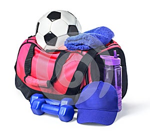 Sports bag with sports equipment isolated on white