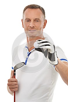 Sports ball, golf and man in studio isolated on a white background ready to start game. Training, golfer and mature male