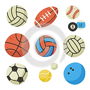 Sports ball set. Football, basketball, rugby, volleyball and golf games equipment. Round and oval balls for various sports flat