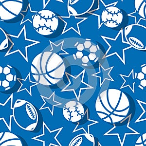 Sports balls in blue and white seamless pattern