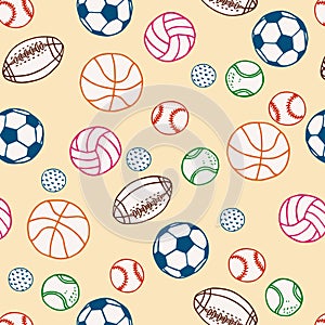 Sports Balls Doodle Surface Pattern. Vector Background.