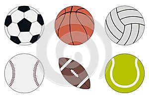 Sports Balls icon set - soccer, basketball, volleyball, baseball, american football and tennis. Vector.