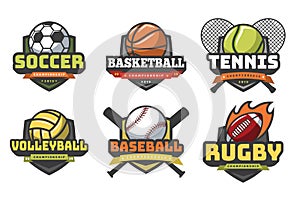 Sports balls logos. Sport logo ball soccer basketball volleyball football rugby tennis baseball badge team club emblems