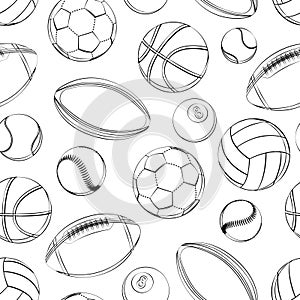 Sports balls seamless pattern. soccer, football, tennis, baseball, basketball, rugby, american football, volleyball outline black