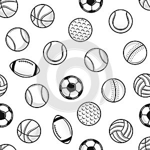Sports balls seamless pattern. Vintage sports balls isolated on white background.