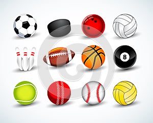 Sports balls vector set. hockey, baseball, cricket, basketball, soccer, tennis, football, baseball, bowling, golf, billiards.